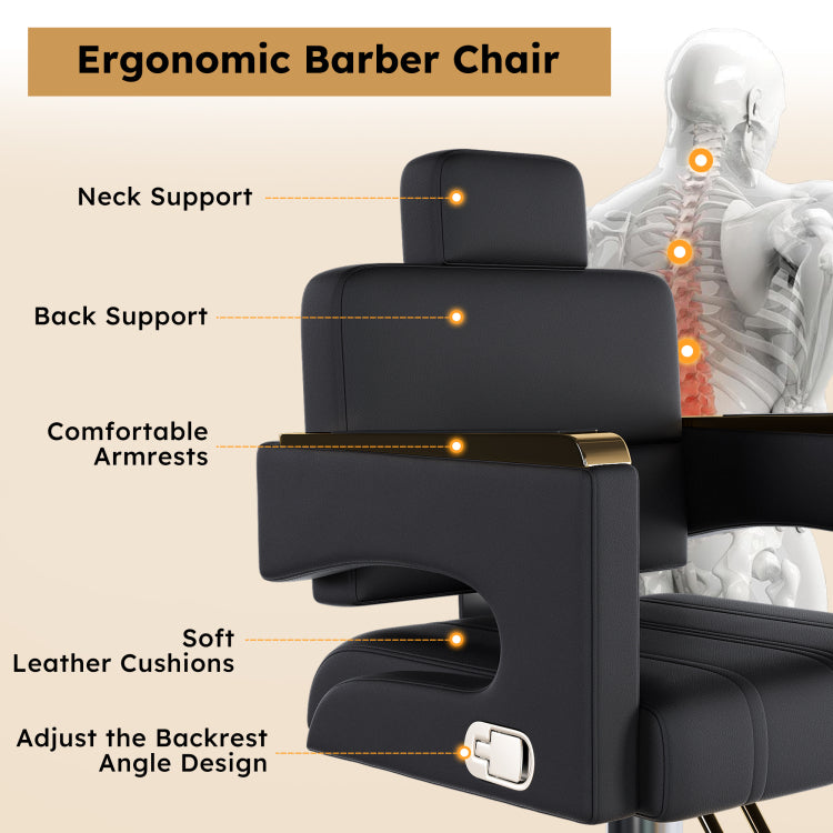Professional Hydraulic Barber Chair 360 Swivel With Adjustable Height, Stainless Steel Armrests & Reclining Backrest For Salon & Barber Shop Black Gold Single Pack