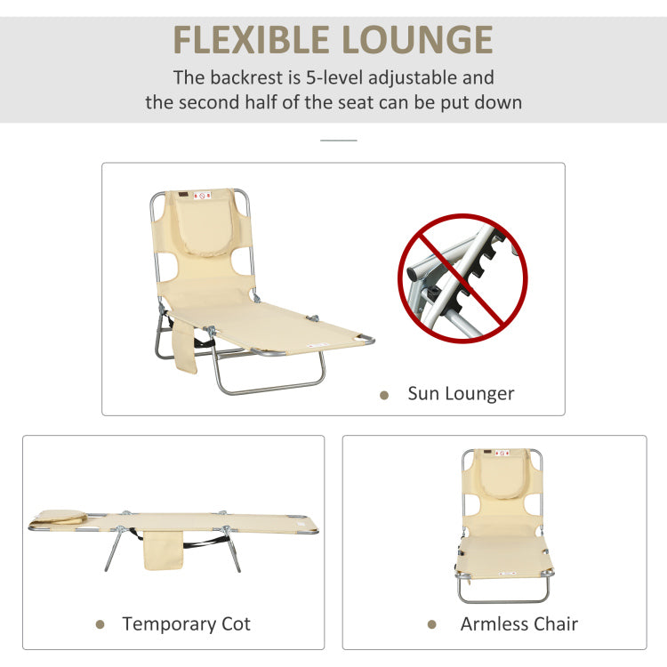 Outsunny Folding Beach Lounge Chair With Face Hole And Arm Slots, 5 Level Adjustable Sun Lounger Tanning Chair With Pillow For Patio, Garden, Beach, Pool, Beige