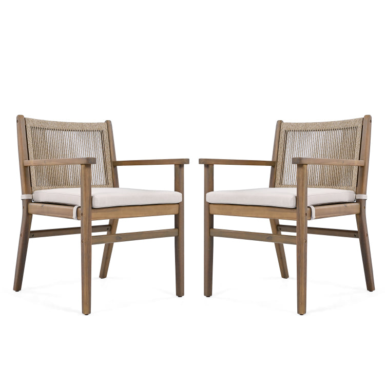 Outdoor Dining Chairs Set Of 2, Acacia Wood Patio Armchair With Rope Design Back And Water Repellent Cushion, Light Brown, 400Lbs Weight Capacity