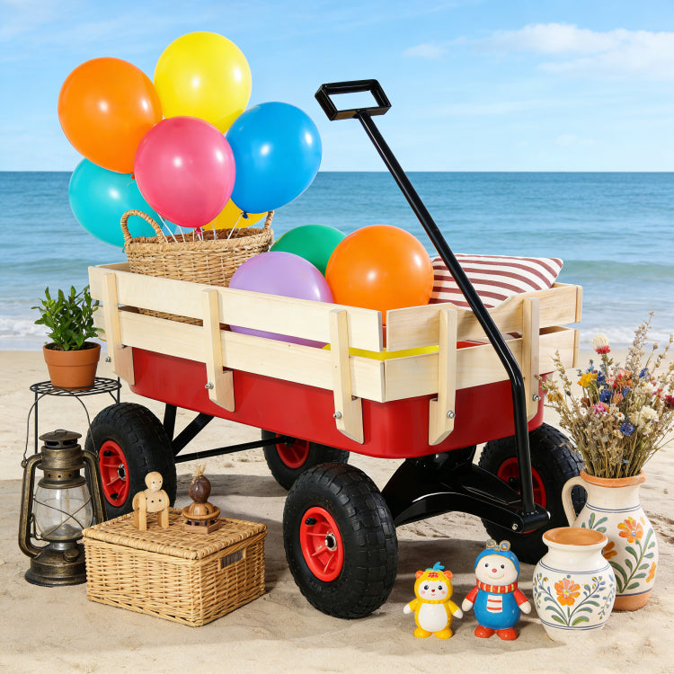 Outdoor Sport Wagon Tools Cart Wooden Side Panels Air Tires Wagon Red