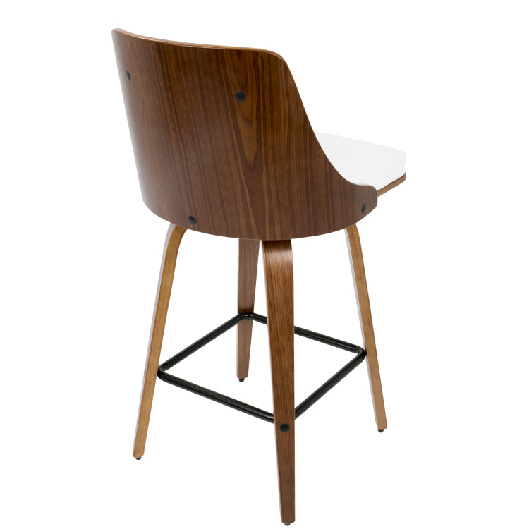 26" Mid Century Modern Counter Stool In Walnut With White Faux Leather Set Of 2