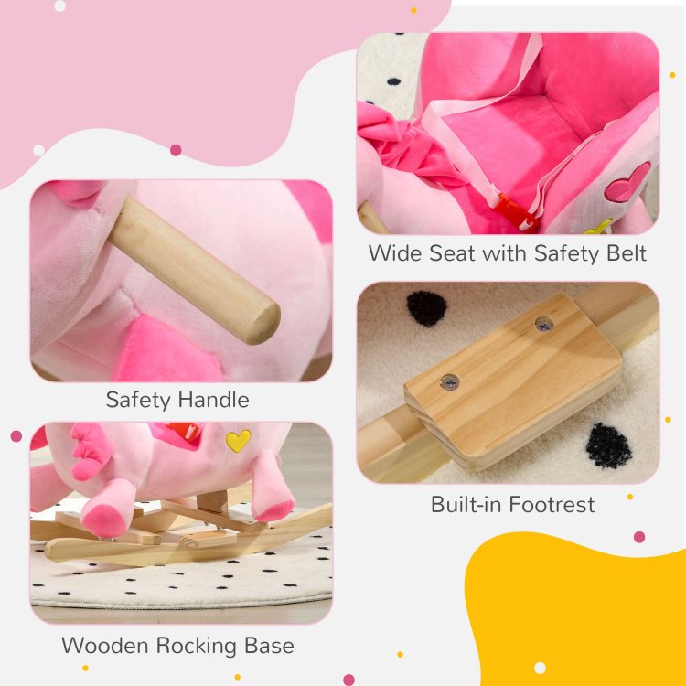 Qaba Baby Rocking Horse, Ride On Unicorn With 32 Songs, Toddler Rocker Toy With Wooden Base Seat Safety Belt For 1.5 3 Year Old, Pink