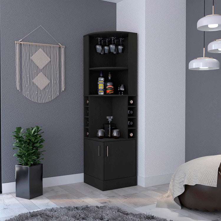 Corner Bar Cabinet, Double Door Cabinet, Glass Rack, Eight Built In Wine Rack, Black