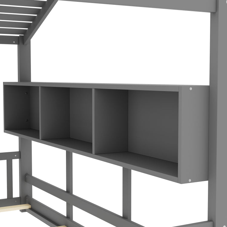 Twin Size Floor House Bed For Toddler, Kids Montessori Bed With Storage Shelf, Playhouse Bed With Roof Design, Gray