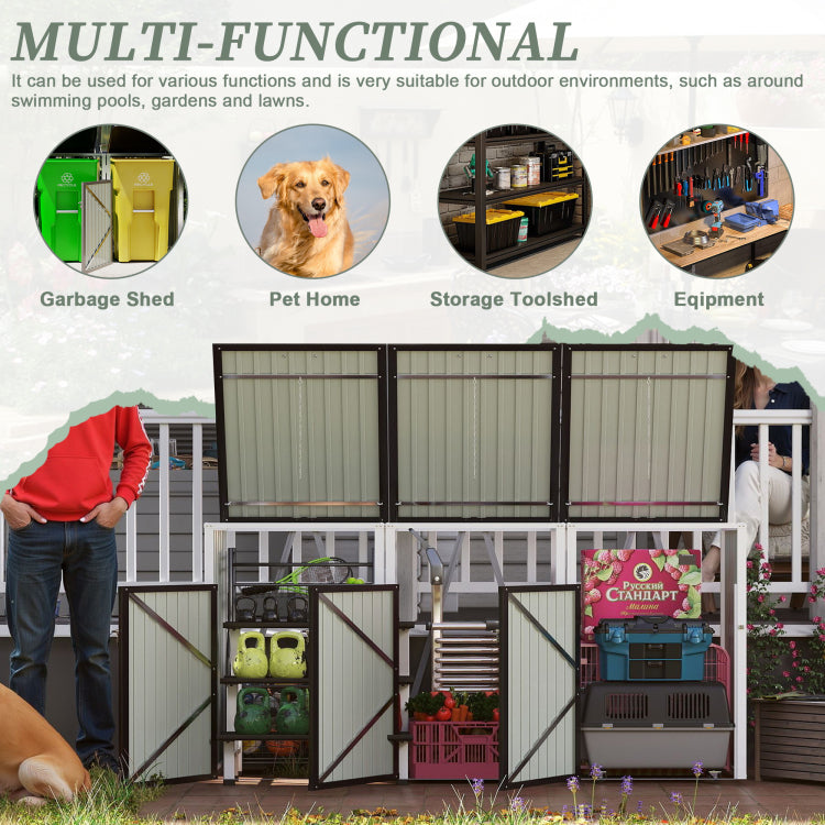 Garbage Bin Shed Stores 3 Trash Cans With Pneumatic Support Rod, With Lockable Doors & Waterproof Lid Chain, For Patio,Garden,Backyard,Grey