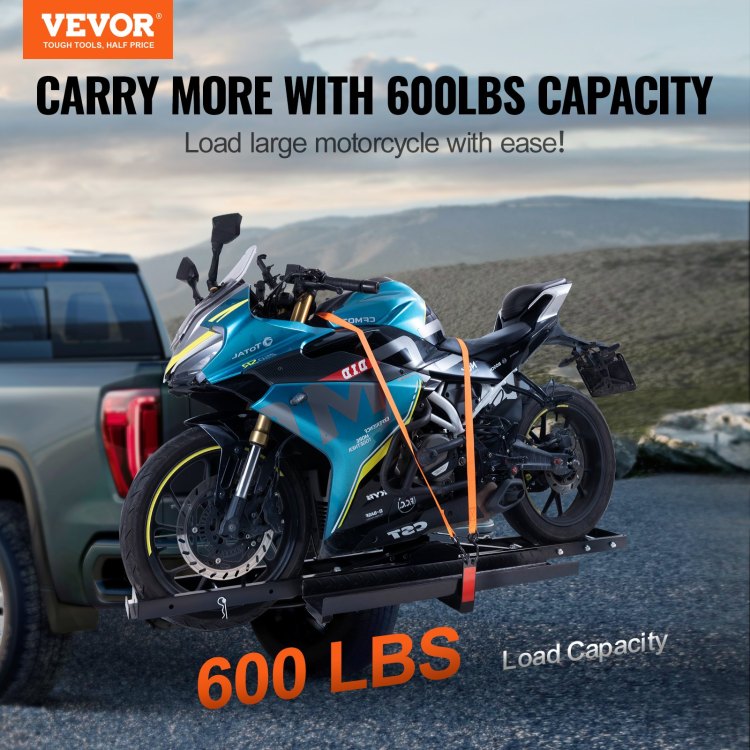 Motorcycle Carrier, 600 Lbs Steel Motorcycle Carrier Hitch Mount With Loading Ramp, Scooter Dirt Bike Trailer Hauler With Ratchet Straps And Stabilizer, For Car, Truck With 2" Hitch Receiver