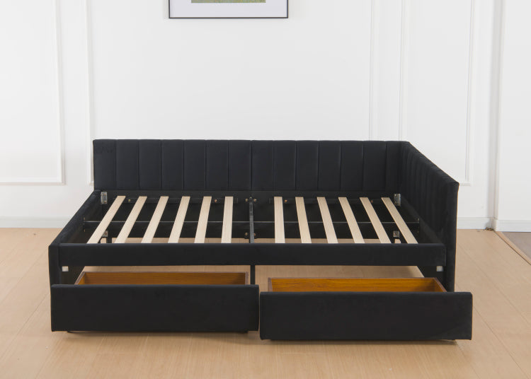 Full Size Daybed With Storage Drawers Upholstered Corner Bed With L Shaped Headboard Velvet Daybed Frame For Living Room Guest Room