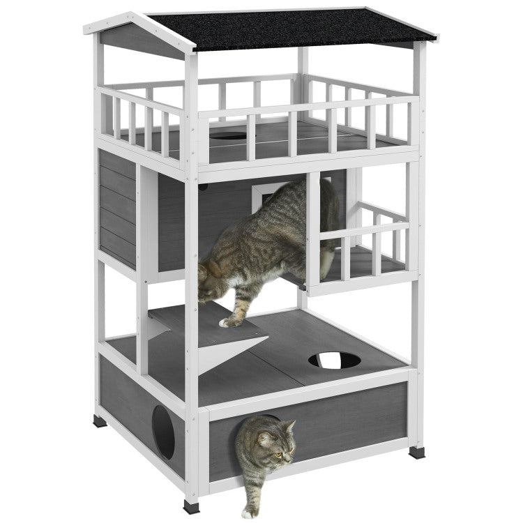 Pawhut Wooden Outdoor Cat House, Feral Cat Shelter Kitten Condo With Asphalt Roof, Escape Doors, Condo, Jumping Platform, Light Gray