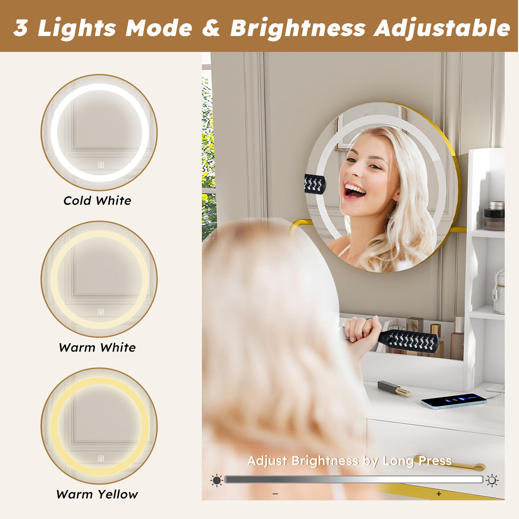 Makeup Vanity With Led Lights&3 Color And Power Outlet Makeup Vanity Table With 2 Big Drawers With Sturdy Metal Leg And Metal Chair Dressing Table For Bedroom Dressing Room White