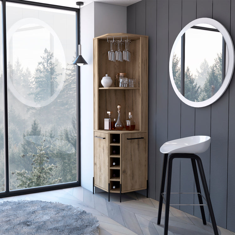 Reese Corner Bar Cabinet, Two Shelves, Double Door Cabinet, Five Built In Wine Rack, Four Interior Shelves