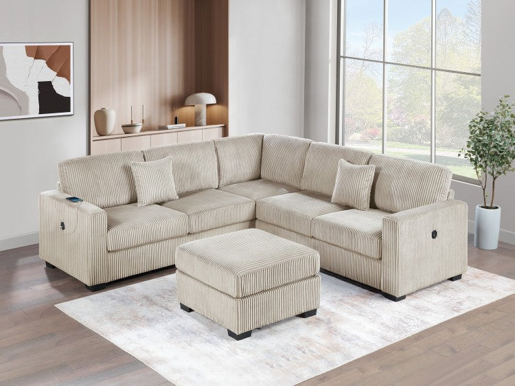 Living Room Corduroy Upholstered Camel 4Pc Sectional Set Raf Laf One Arm Loveseat W Usb, Corner Wedge, Cocktail Ottoman Cushion Couch