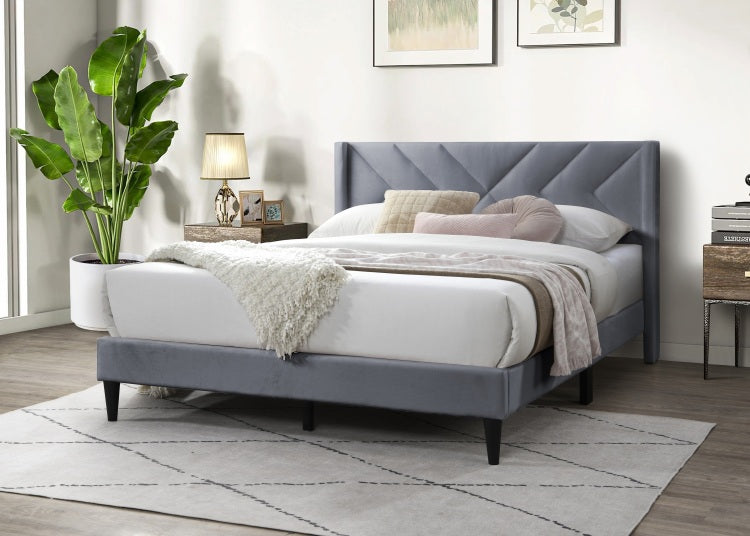 Elegant Modern Gray Velvet Upholstered Queen Size Bed Clean Lines Design Headboard 1Pc Bedframe