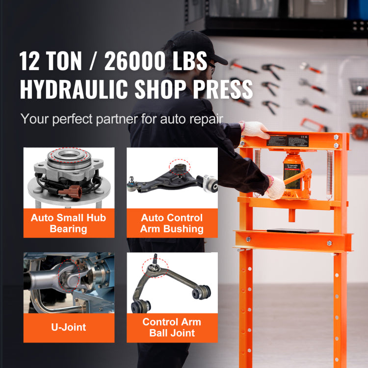 Hydraulic Shop Press, 12 Ton H Frame Hydraulic Garage Shop Floor Press, Adjustable Shop Press With Press Plates, Heavy Duty Hydraulic Press For Garage, Shop, Workshop