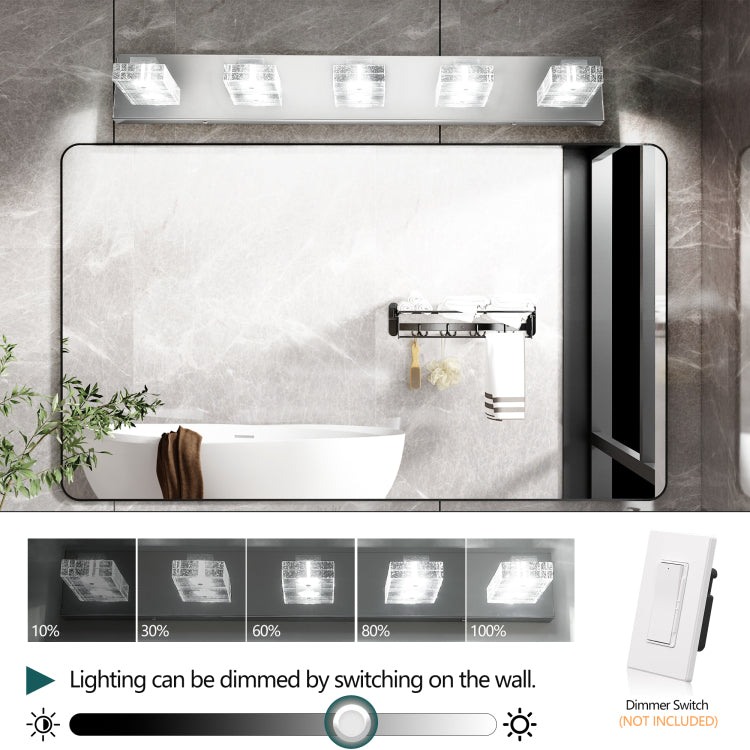 31" Modern Chrome 5 Light Led Vanity Light, Square Acrylic Lampshades Wall Mount Fixture For Bathroom, Mirror Lighting