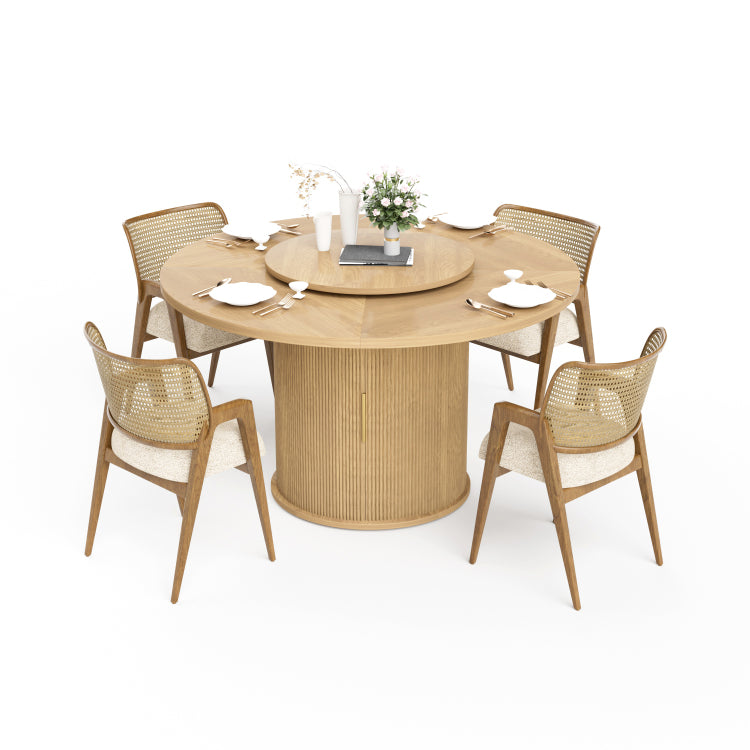 55 Inch Round Dining Table For Six, Featuring A Double Tiered Storage Rack And A Rotating Tabletop Tray. Wooden Wavy Striped Sliding Doors. Ideal For Home Dining Room Living Room Natural