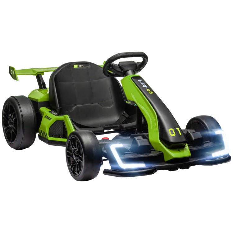 Aosom 24V 7.5 Mph Electric Go Kart With Adjustable Seat, Drifting Car Battery Powered Ride On Toy Outdoor With Slow Start, Button Start, Music, Honking Horn, Lights, For 6 12 Years Old, Green