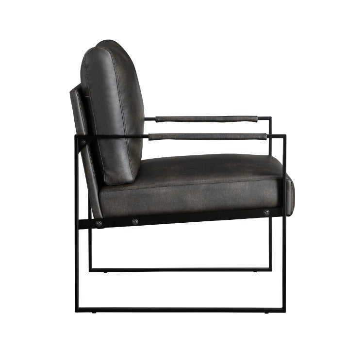 Mackie Accent Armchair, Dark Gray Faux Leather, Black Metal Frame