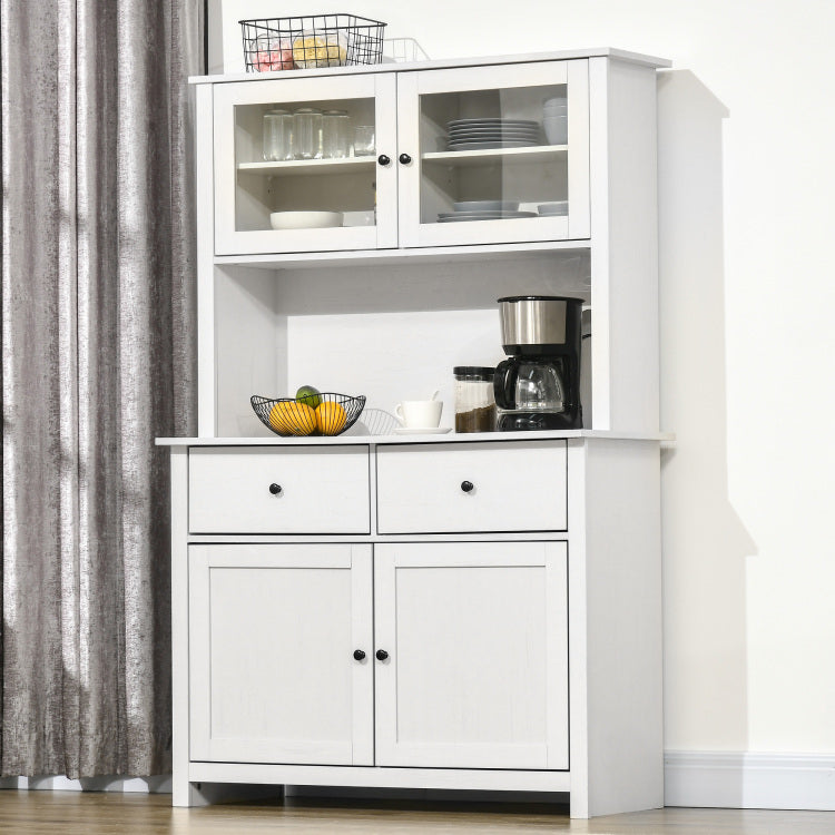 Homcom 63.5" Kitchen Buffet With Hutch, Pantry Storage Cabinet With 4 Shelves, Drawers, Framed Glass Doors, Open Microwave Countertop, Antique White