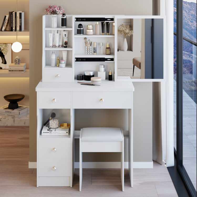 29.2" Small Size Left Drawer Desktop Vanity Table Cushioned Stool, Extra Large Right Sliding Mirror, Multi Layer High Capacity Storage, Practical Fashionable Dresser, Suitable For Small Space