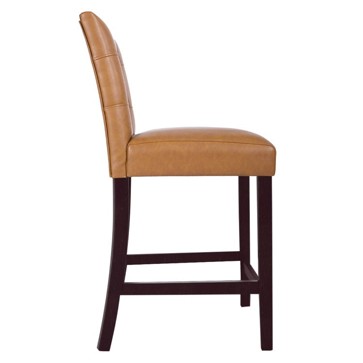 Popa Counter Stool Chair Set Of 2, Brown Faux Leather, Tufted Back