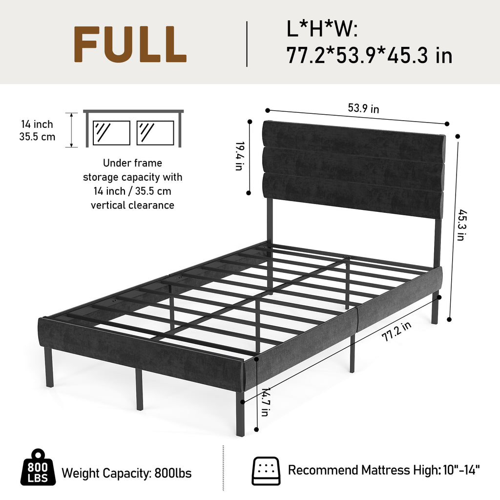 Full Size Upholstered Platform Bed Frame 14'' Underbed Storage, Linen Headboard, No Box Spring Needed