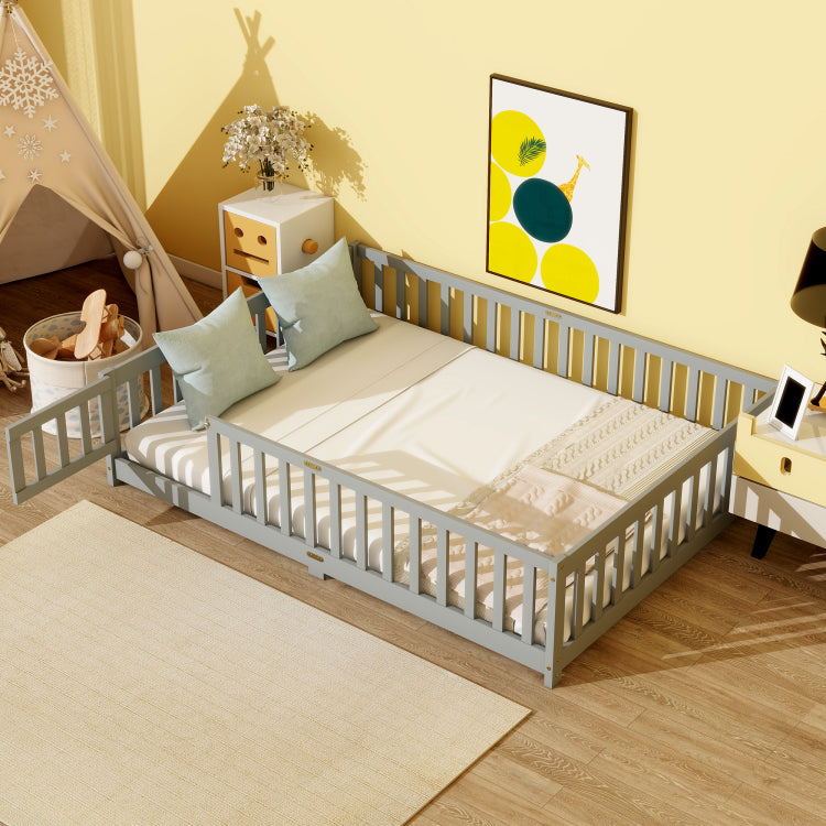 Full Size Floor Bed With Fence And Door,Rubber Wood Floor Bed With Safety Guardrails,Grey