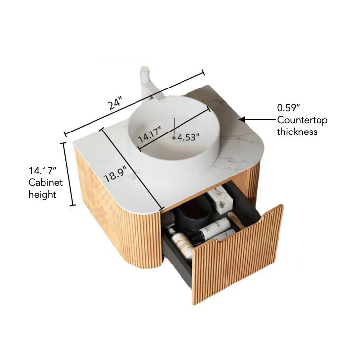 Dina 24" Bathroom Vanity&Sink, Floating Curved Edges Striped Bathroom Storage Cabinet With Drawer, White Round Ceramic Basin&Carrara White Artificial Marble Top, Pre Assembled, Natural Woodgrain