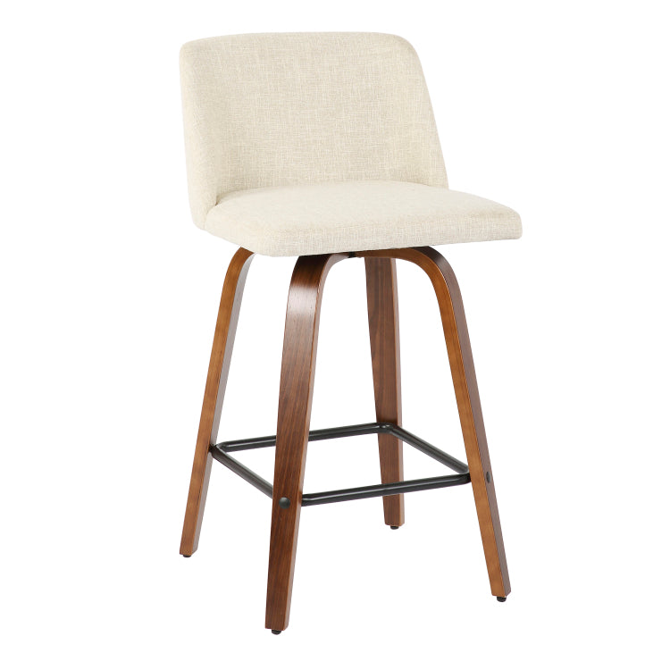 Mid Century Modern Counter Stool In Walnut And Cream Fabric Set Of 2