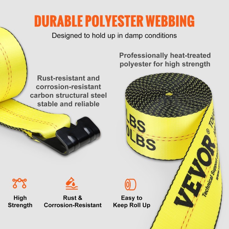 Winch Straps, 4" X 30', 6000 Lbs Load Capacity, 18000 Lbs Break Strength, Truck Straps With Flat Hook, Flatbed Tie Downs Cargo Control For Trailers, Farms, Rescues, Tree Saver, Yellow 10 Pack
