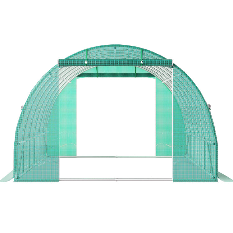 Walk In Tunnel Greenhouse, 20 X 10 X 7 Ft Portable Plant Hot House W Galvanized Steel Hoops, 3 Top Beams, Diagonal Poles, 2 Zippered Doors & 12 Roll Up Windows, Green