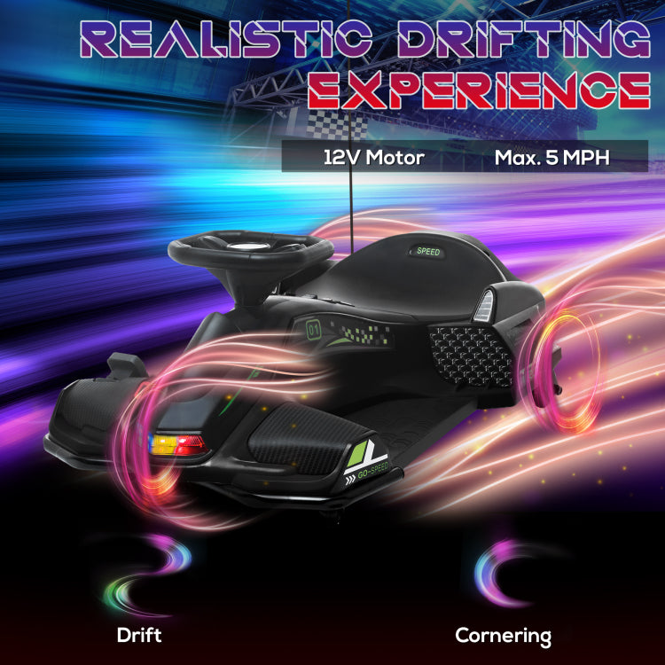 Aosom 12V Electric Go Kart, 5 Mph Drifting Car, Battery Powered Ride On Toy Outdoor With Slow Start, Music, Colorful Lights, For 8 12 Years Old, Black