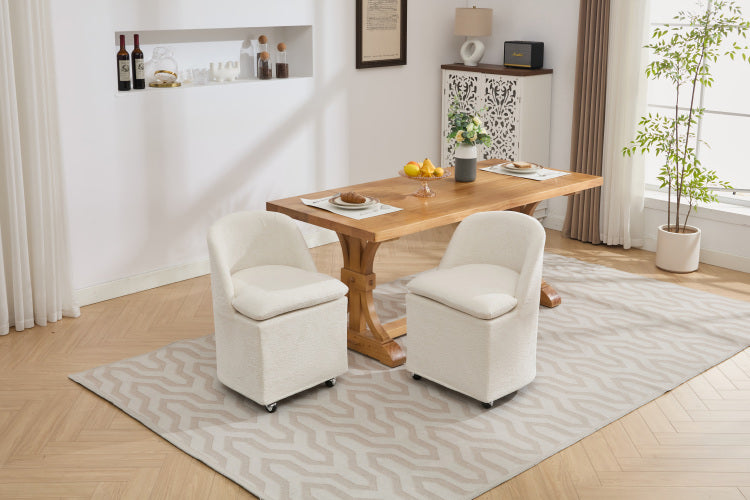 058 Set Of 2 Chenille Fabric Dining Chairs With Universal Wheels,Beige