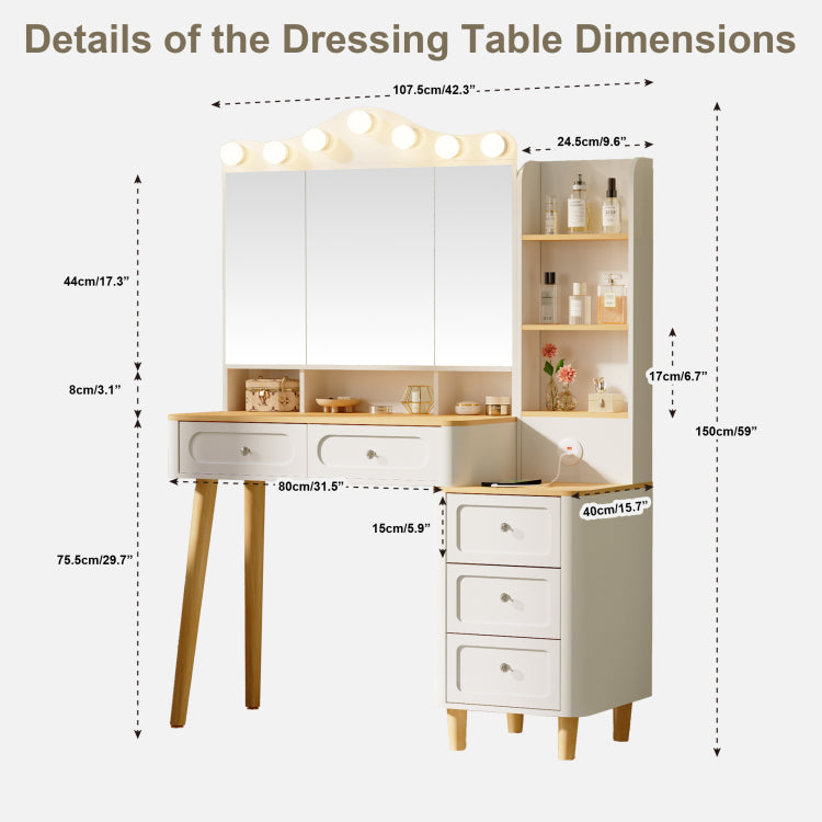 Vanity Desk With Mirror And Lights,Makeup Vanity With 2 Usb Power Strip,Vanity Set With Two Drawers And Three Drawer Chest, 3 Lighting Modes Adjustable Brightness, Foldable Three Sided Mirror White