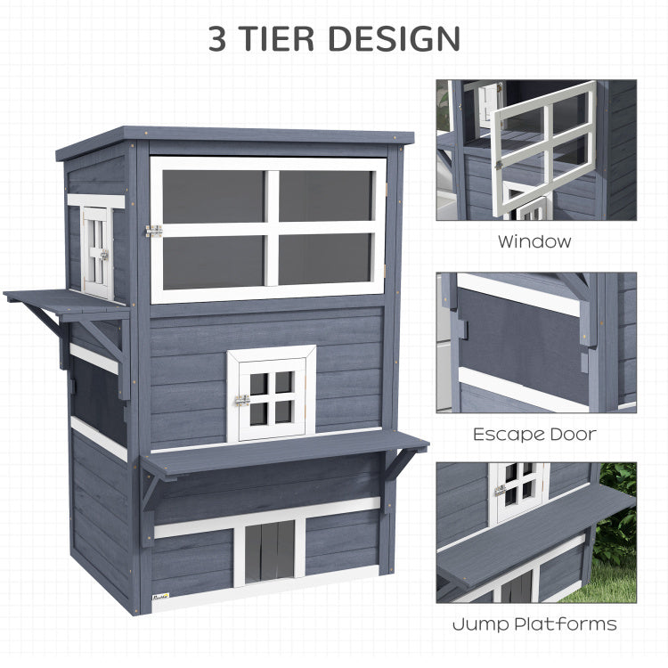 Pawhut 3 Story Cat House Feral Cat Shelter, Outdoor Kitten Condo With Raised Floor, Asphalt Roof, Escape Doors, Jumping Platforms, Dark Gray