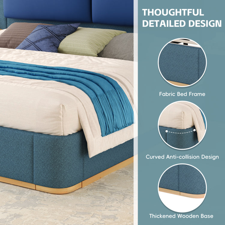 Queen Size Upholstered Platform Bed With Panel, Platform Bed Frame With Anti Collision Soft Rounded Corners, Stable And Solid, No Box Spring Needed, Easy Assembly, Blue