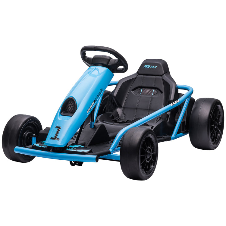 Aosom 24V 8.1 Mph Electric Go Kart, Drifting Car Battery Powered Ride On Toy Outdoor With Slow Start, Music, Horn Honking And Safety Belt, For 8 12 Years Old, Blue