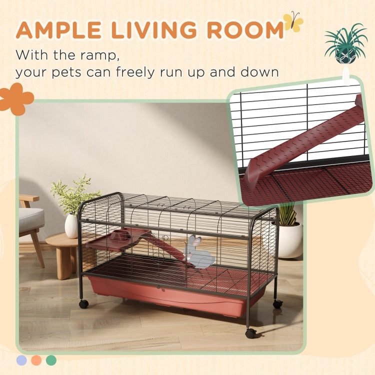 Pawhut 48" L Small Animal Cage, Rabbit Hutch, Or Ferret Pet Play House With Feeder, Rolling Wheels, Platform, Ramp