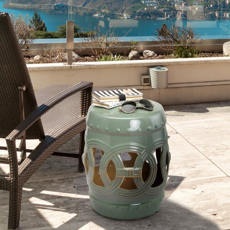 Outsunny 14" X 17" Ceramic Garden Stool With Double Coin Knotted Ring Design & Strong Glazed Material, Decorative End Table, Home Collection, Green