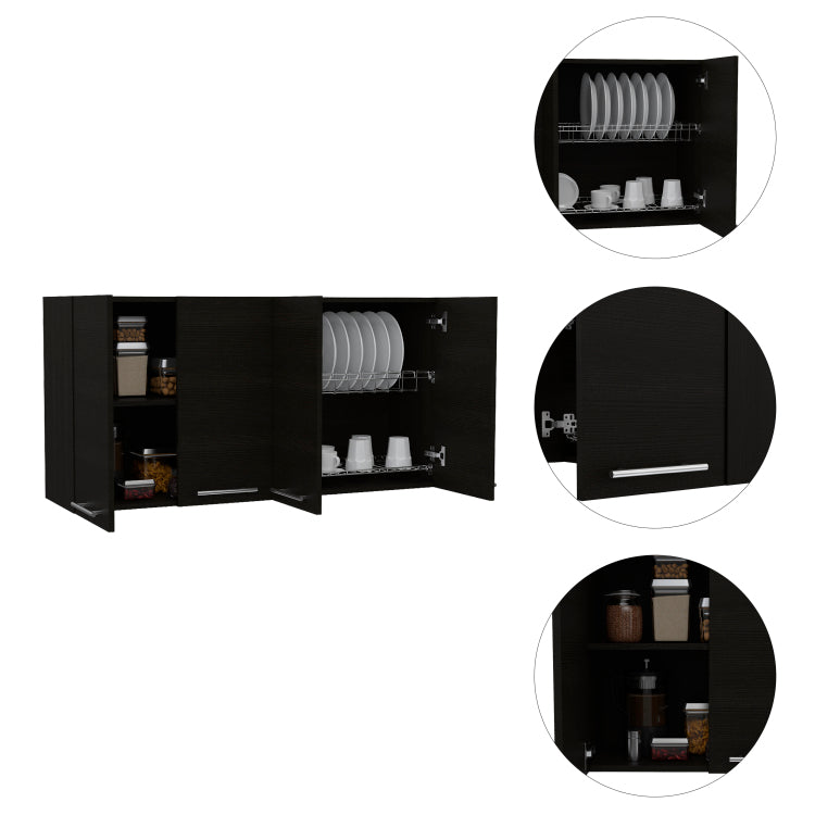 Wall Cabinet 24" H, Four Doors, With Two Internal Shelves And Internal Plate And Glass Organizer, Black