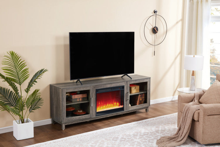 Sestriere 70"W Gray Walnut Finish Tv Stand Console With Fireplace And Heater