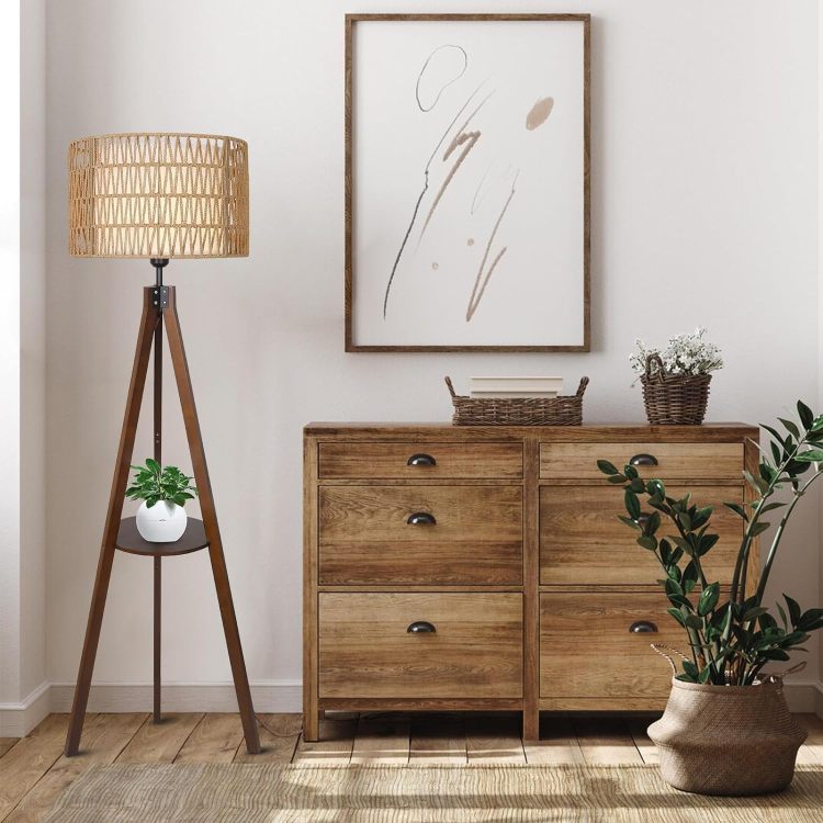 Boho Tripod Floor Lamp With Shelves, Mid Century Wood Standing Lamp With Rattan & Fabric Shades, On Off Foot Switch, Modern Farmhouse Tall Floor Lamps For Living Room Bedroom Office