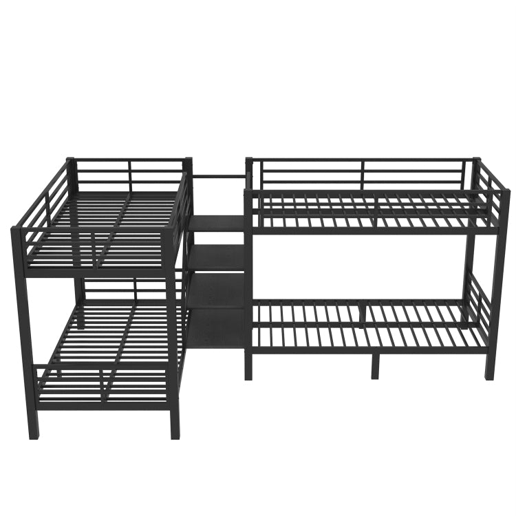 Twin L Shaped Metal Bunk Bed With Storage Shelves And High Quality Safety Guardrail,Space Saving,Black