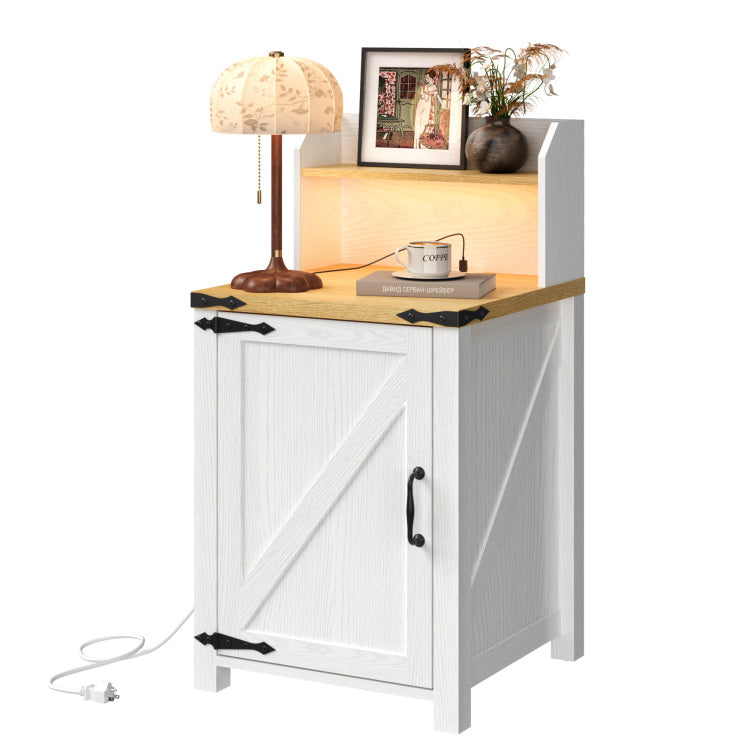 Okd Nightstand With Charging Station, 18 Inch Farmhouse End Table With Barn Door And Adjustable Storage Shelf, Rustic Wood Sofa Side Table W Magnetic Door For Living Room, Bedroom, Antique White