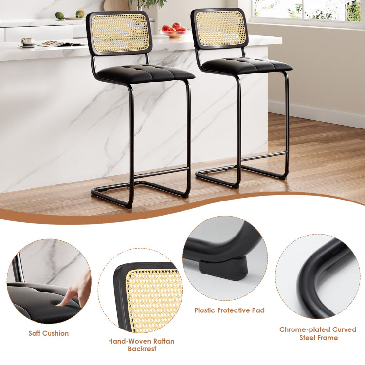 Counter Height Bar Stools Set Of 2, Upholstered Pu Leather Barstools With Rattan Back, 30 Inch Stools Armless Bar Chairs For Kitchen Island, Black
