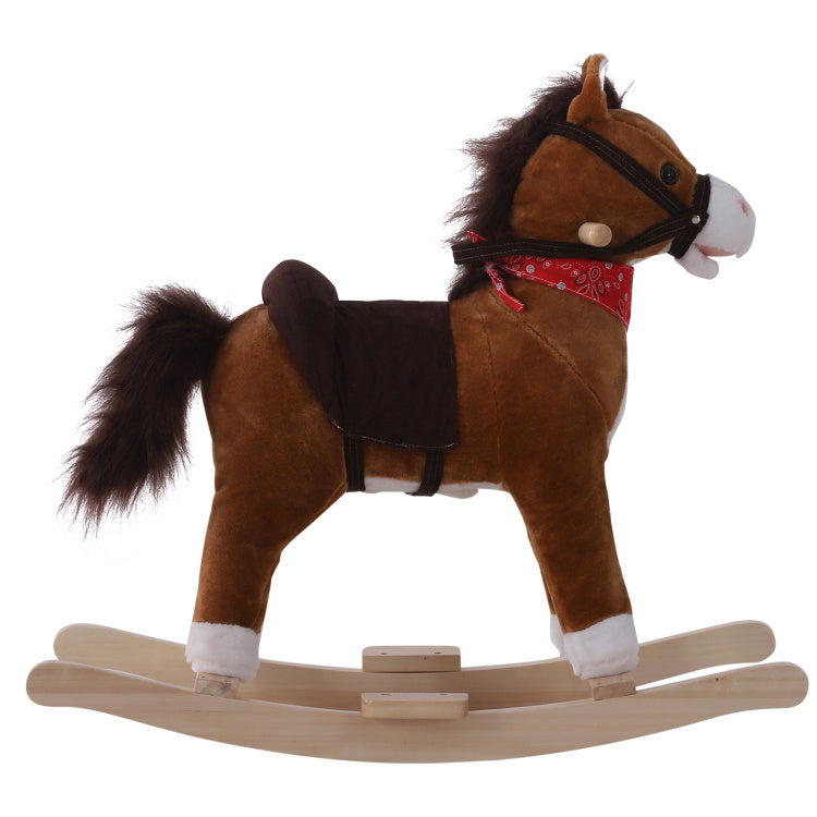 Qaba Kids Ride On Rocking Horse Plush Toy With Realistic Sounds And Red Scarf For Over 3 Years Old Birth Gift