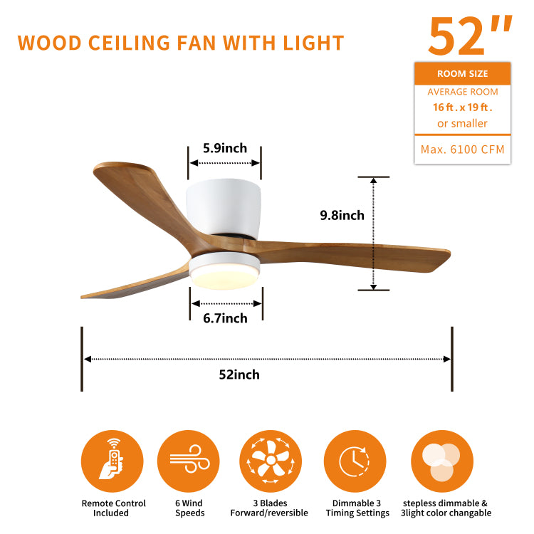 52 Inch White Wood S With Lights And Remote, Modern Flush Mount Low Profile With Light, 6 Speed, Reversible Dc Motor, For Bedroom Outdoor Farmhouse Patios