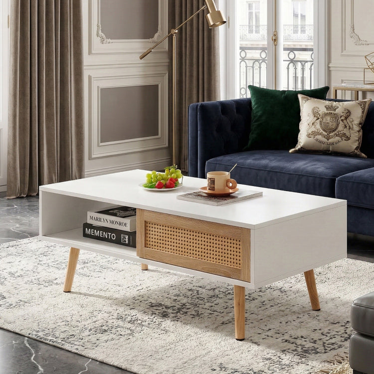 41.34" Rattan Coffee Table, Sliding Door For Storage, Solid Wood Legs, Modern Table For Living Room ,White