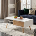 41.34" Rattan Coffee Table, Sliding Door For Storage, Solid Wood Legs, Modern Table For Living Room ,White