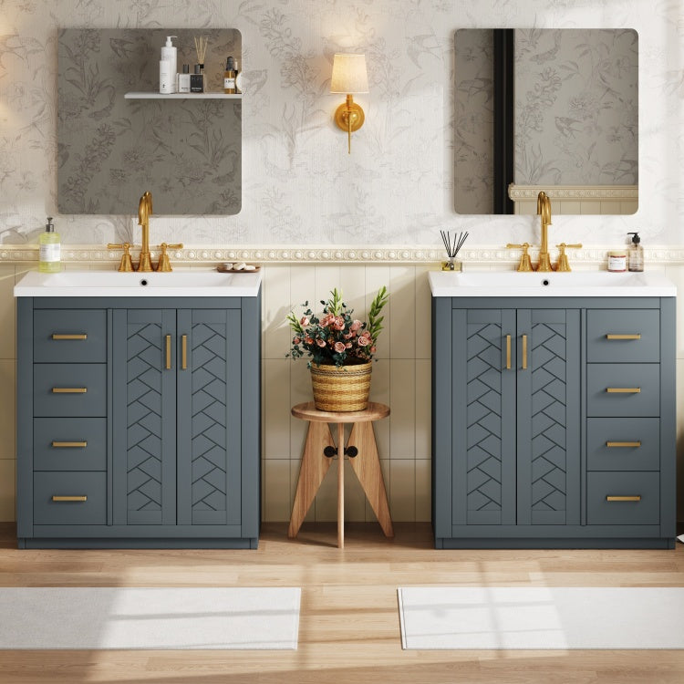 60'' Bathroom Vanity Set With Ceramic Sink Separate ,Solid Wood Frame Bathroom Storage Cabinet, Freestanding Vanity Set With Drawers & Soft Closing Doors