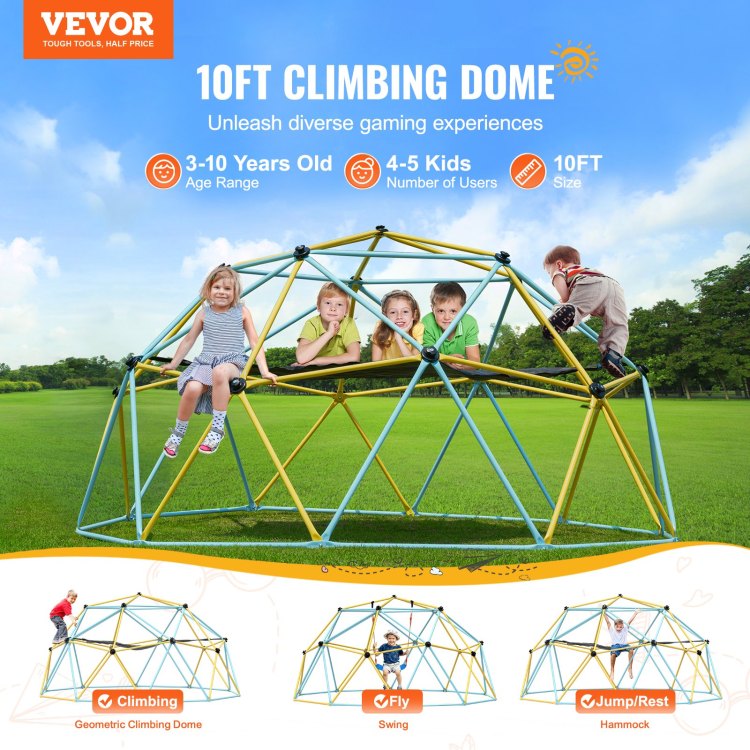 Climbing Dome, For Kids 3 To 10 Years Old,10Ft Geometric Dome Climber With Hammock And Swing, Jungle Gym Supports 750Lbs And Easy Assembly, With Climbing Grip, Outdoor Backyard Play Equipment